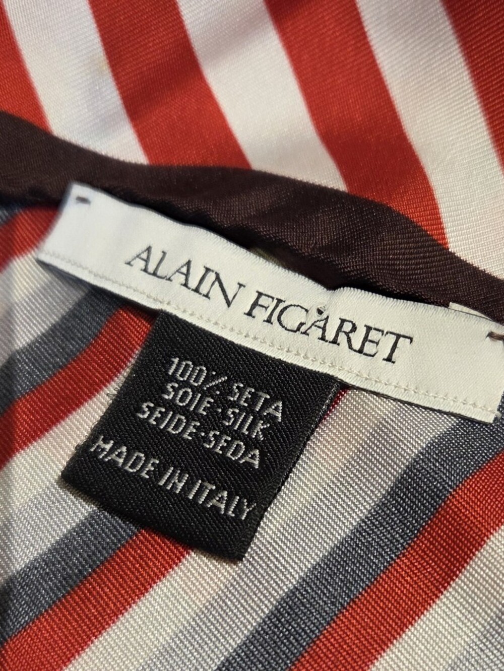 Alain Figaret Italian Silk Scarf 26" X 26" Square Bold Red White Stripes Cross - Picture 4 of 7